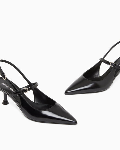 Shiny polished leather slingback court shoes