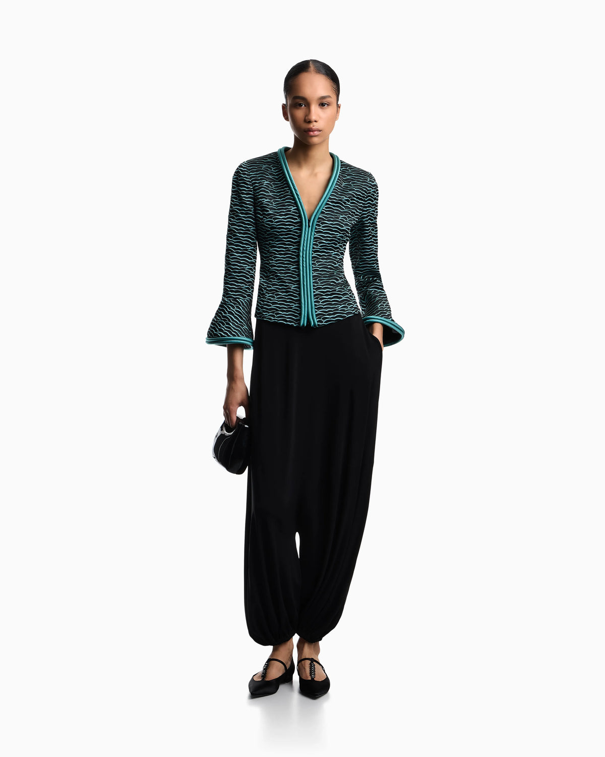 Flared-sleeved jacket in wavy waffle jacquard