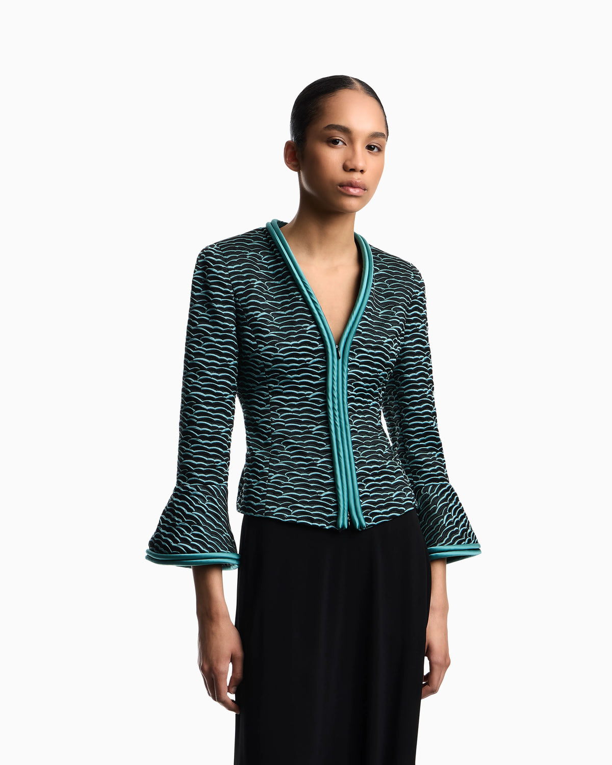 Flared-sleeved jacket in wavy waffle jacquard