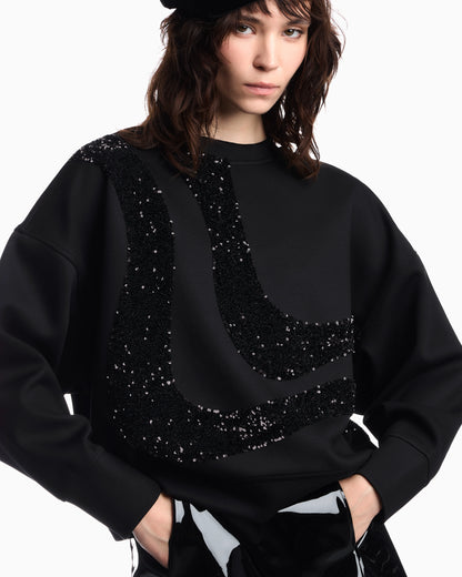 Crew-neck scuba sweatshirt with abstract sequin design