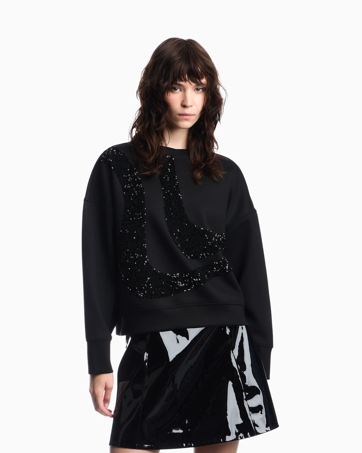 Crew-neck scuba sweatshirt with abstract sequin design