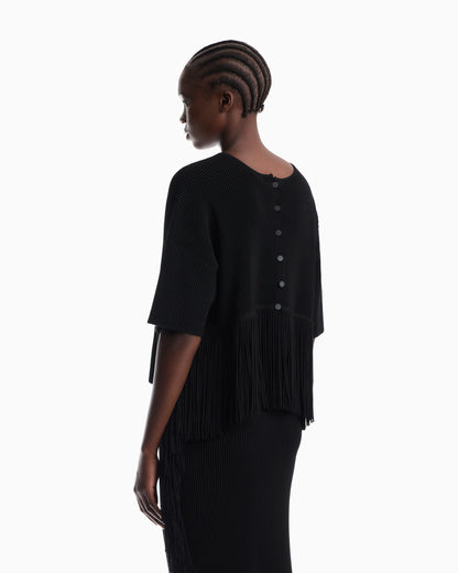 Cardigan in viscose ottoman with round neck and fringe