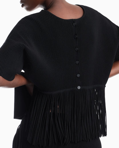 Cardigan in viscose ottoman with round neck and fringe