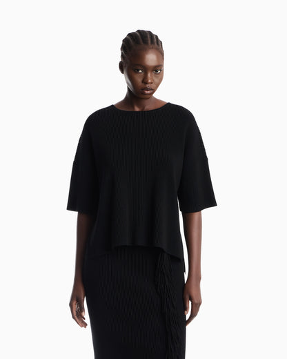 Cardigan in viscose ottoman with round neck and fringe