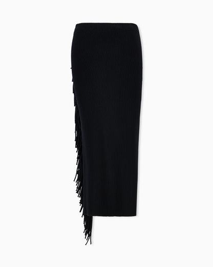 High-waisted viscose skirt with a slit and side fringe