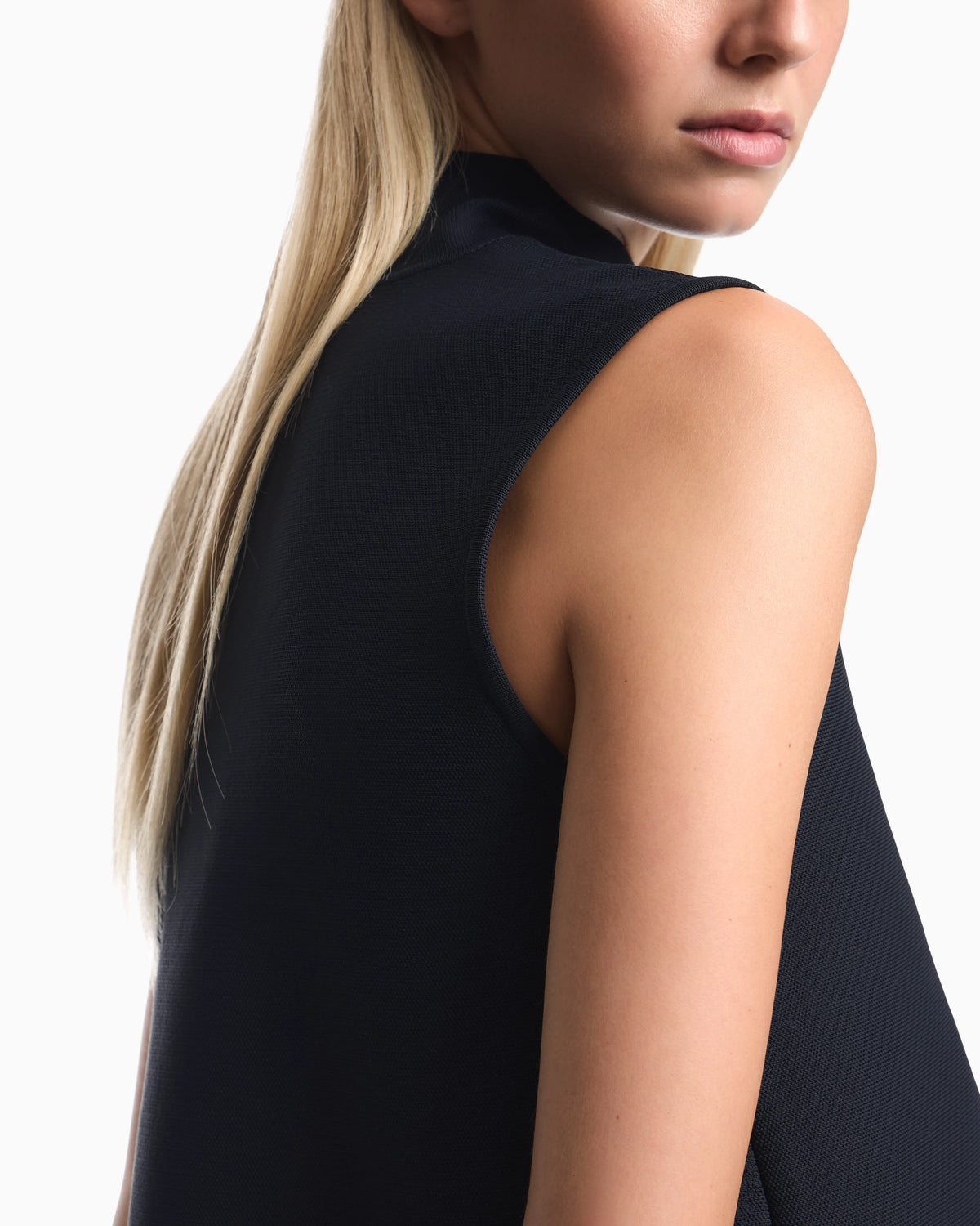 Sleeveless mock neck top in textured double knit