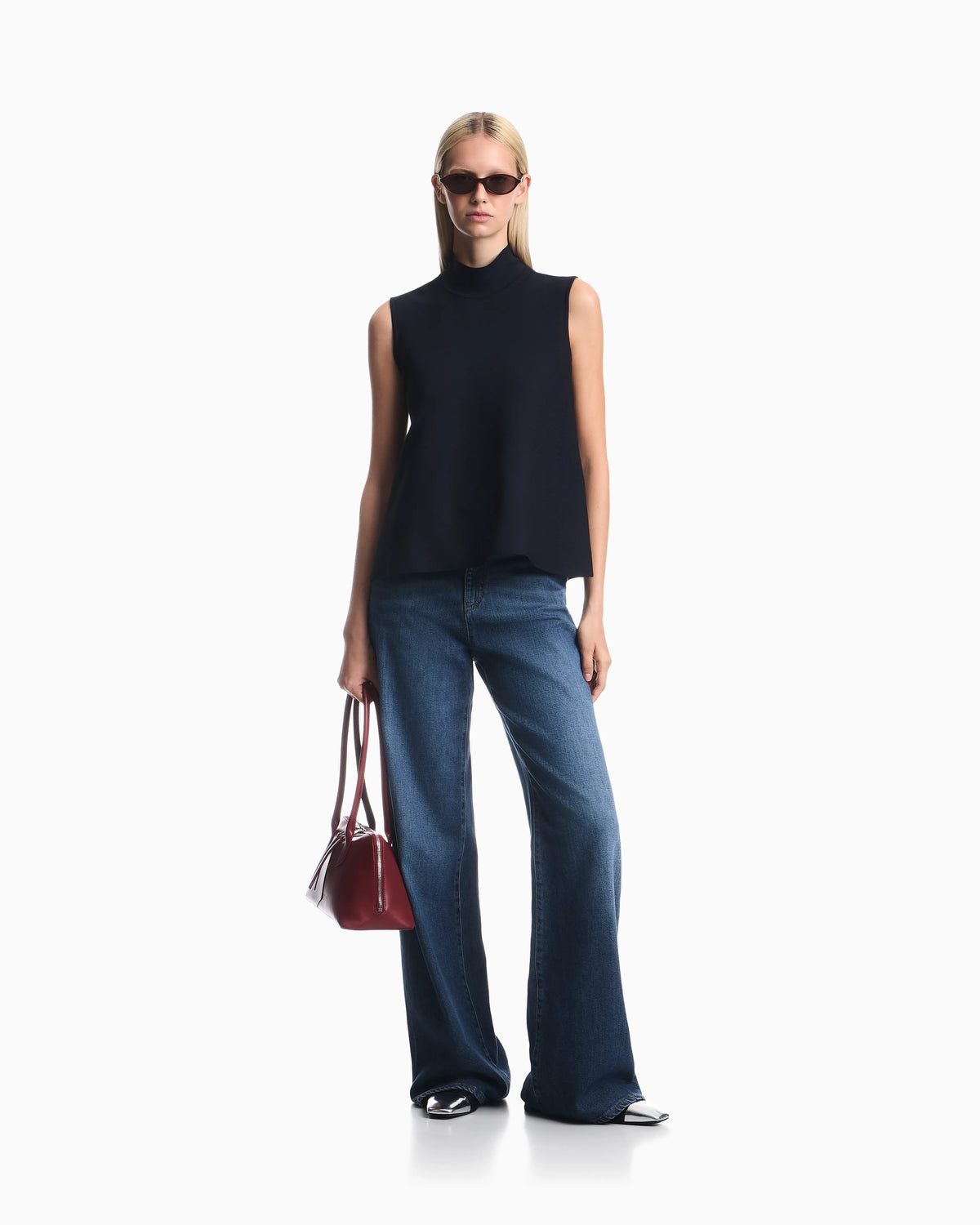 Sleeveless mock neck top in textured double knit