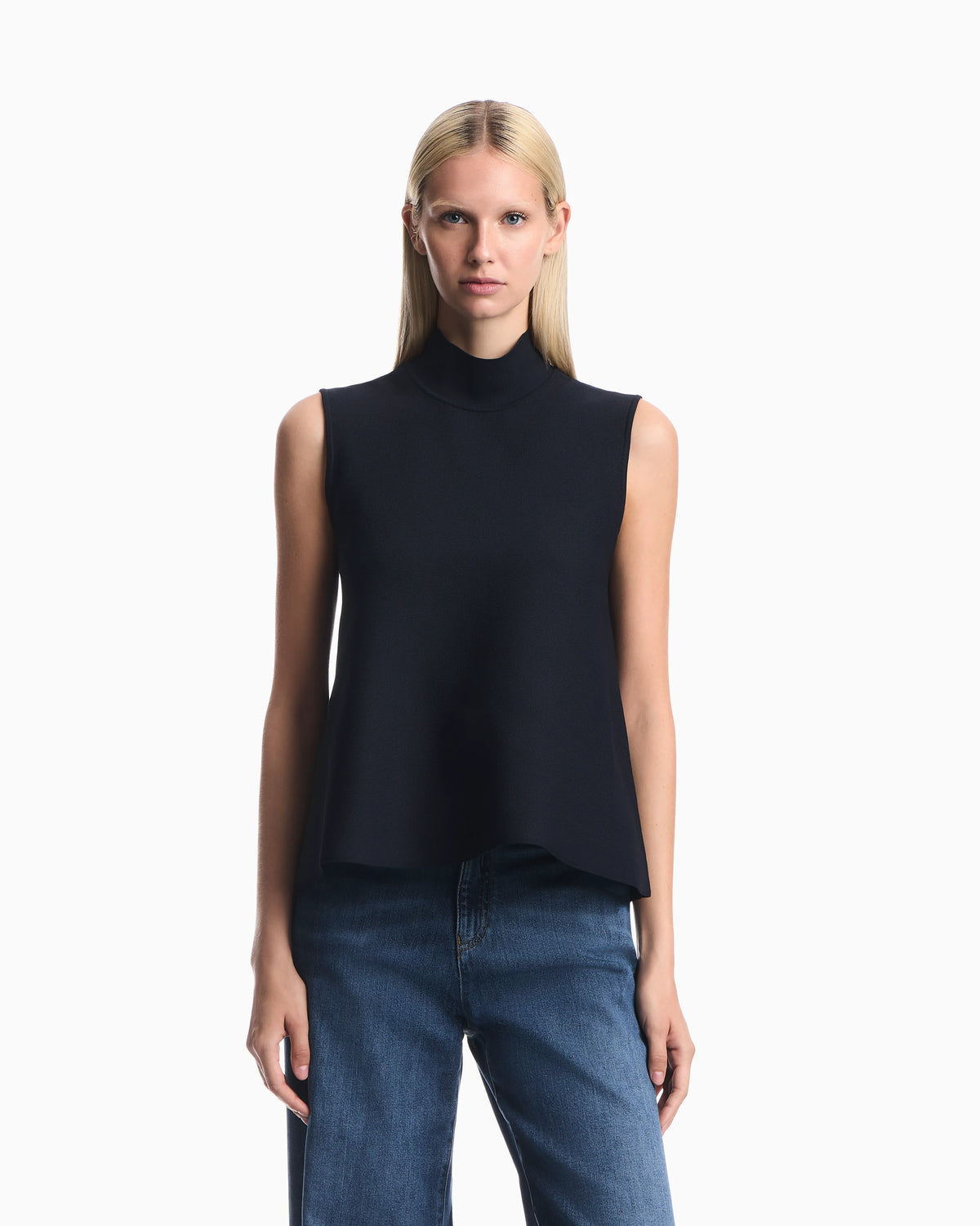 Sleeveless mock neck top in textured double knit
