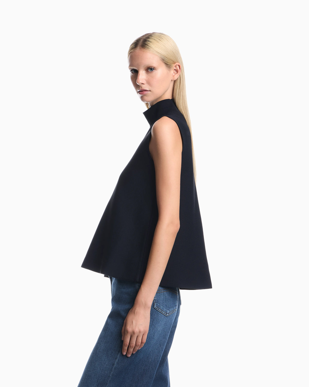 Sleeveless mock neck top in textured double knit