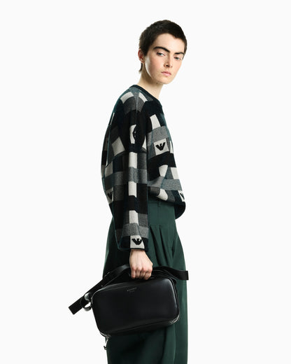 Crew neck pullover with checkered inlay graphic and logo