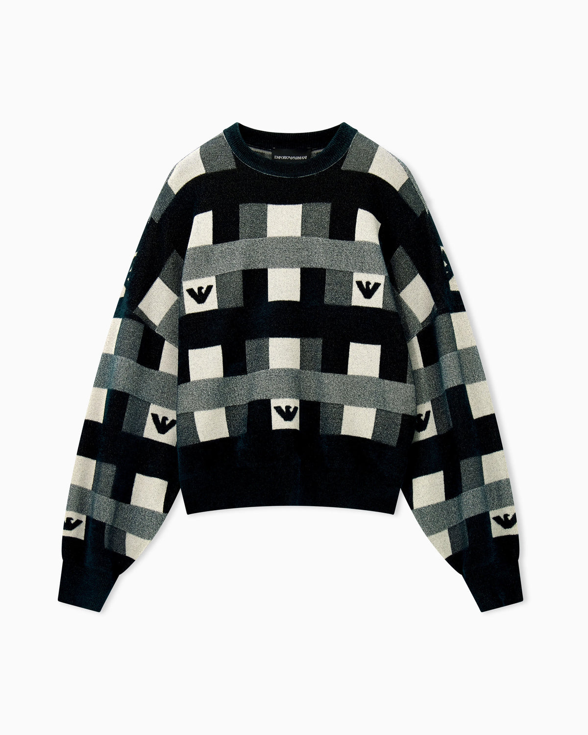 Crew neck pullover with checkered inlay graphic and logo