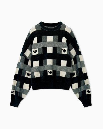 Crew neck pullover with checkered inlay graphic and logo