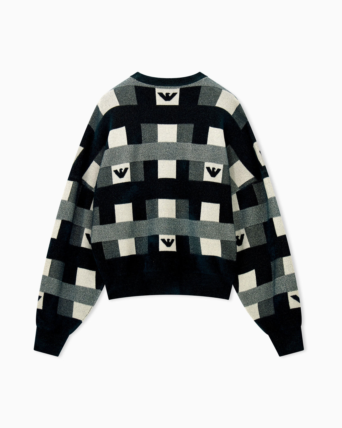 Crew neck pullover with checkered inlay graphic and logo
