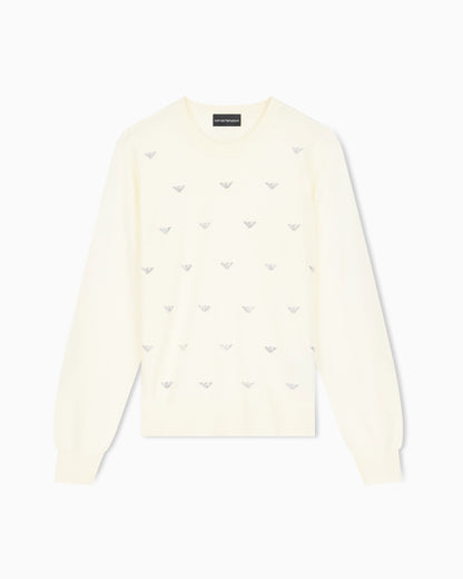 Crew-neck virgin wool pullover with rhinestone details