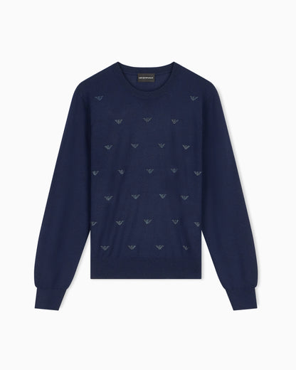 Crew-neck virgin wool pullover with rhinestone details