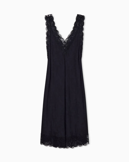 Jacquard viscose nightdress with a V-neckline and lace trim