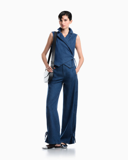 Five-pocket pinstriped denim pants with side bows