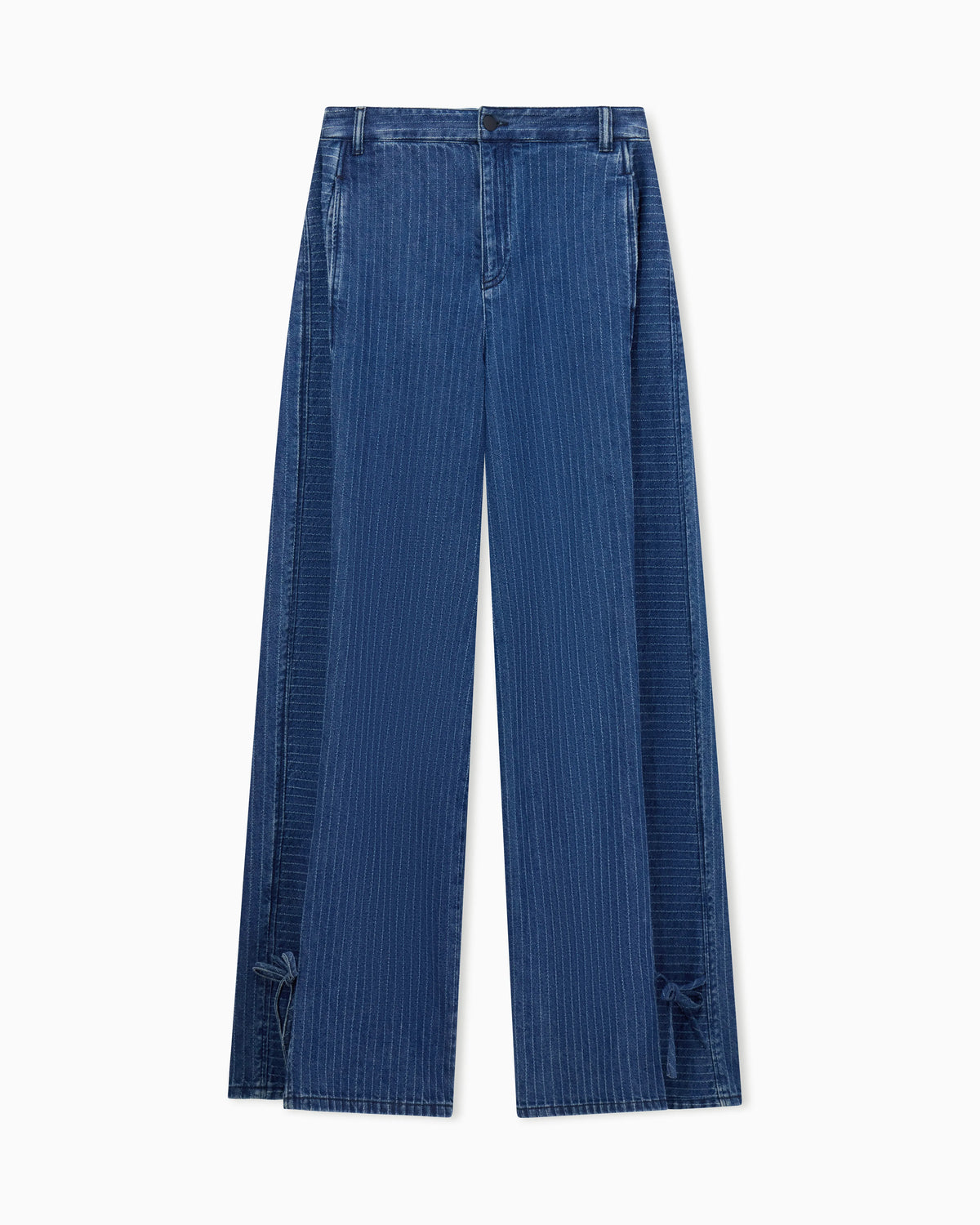 Five-pocket pinstriped denim pants with side bows