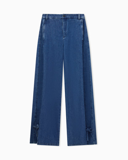 Five-pocket pinstriped denim pants with side bows