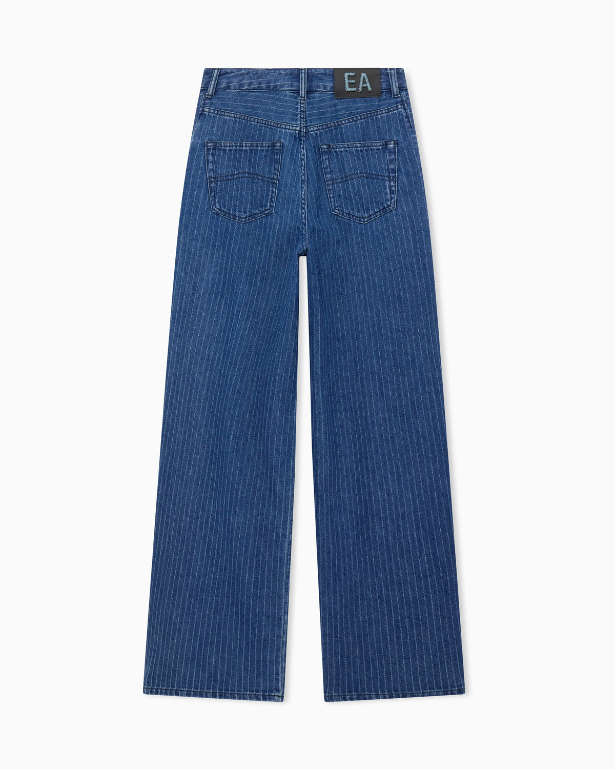 Five-pocket pinstriped denim pants with side bows