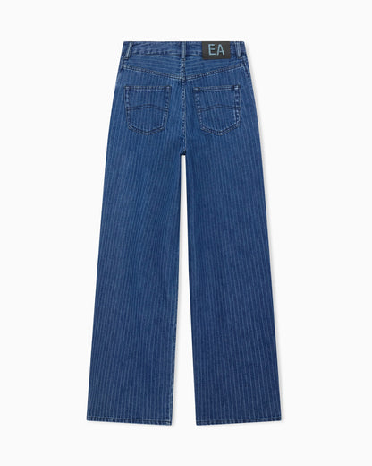 Five-pocket pinstriped denim pants with side bows