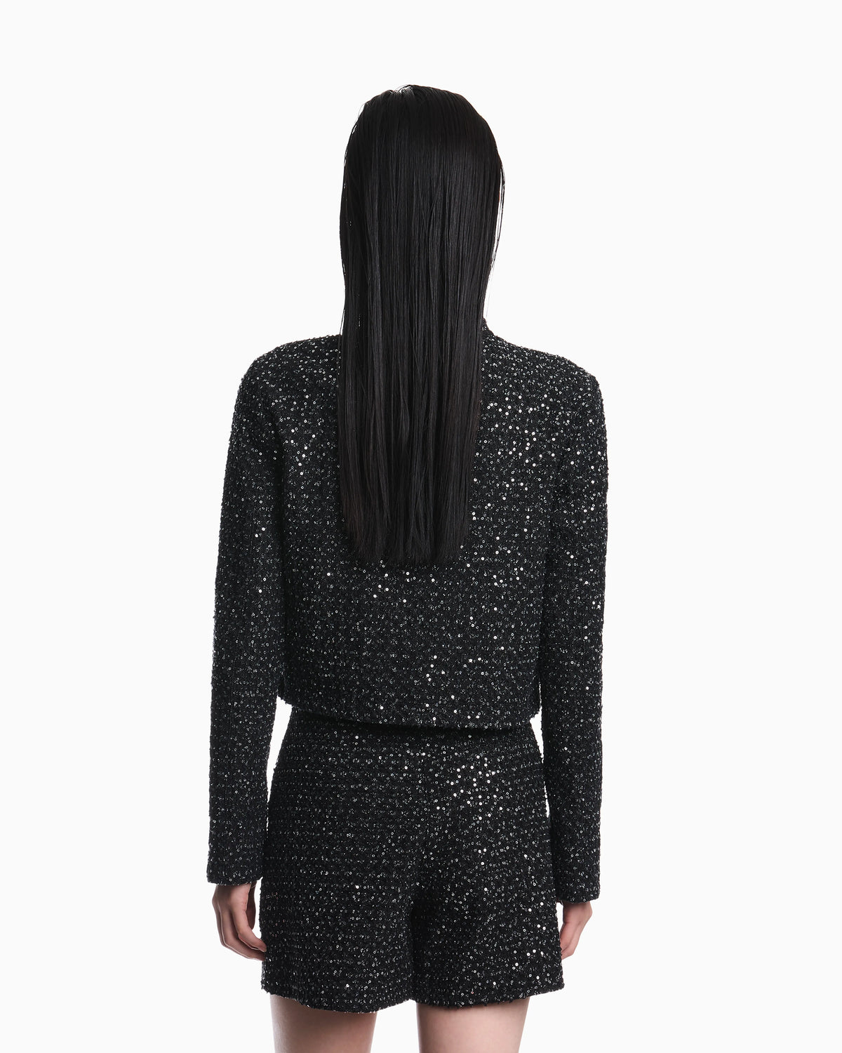Denim blazer with embroidered paillettes and front buttons