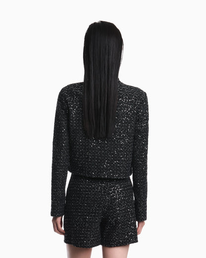 Denim blazer with embroidered paillettes and front buttons