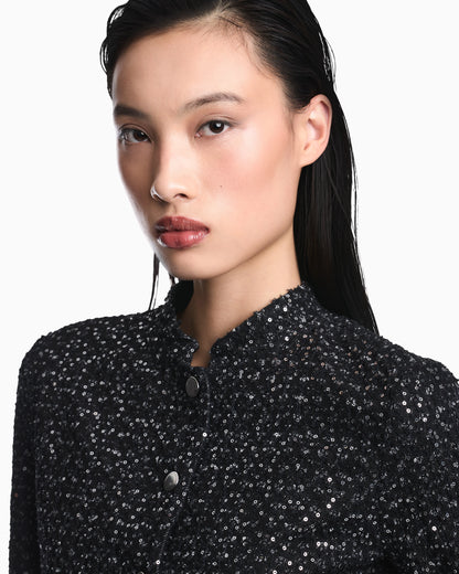 Denim blazer with embroidered paillettes and front buttons