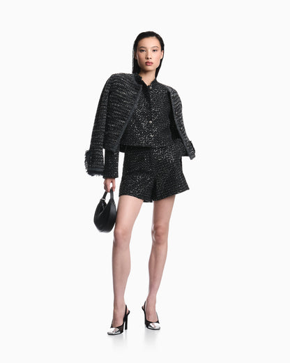 Denim blazer with embroidered paillettes and front buttons