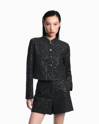 Denim blazer with embroidered paillettes and front buttons