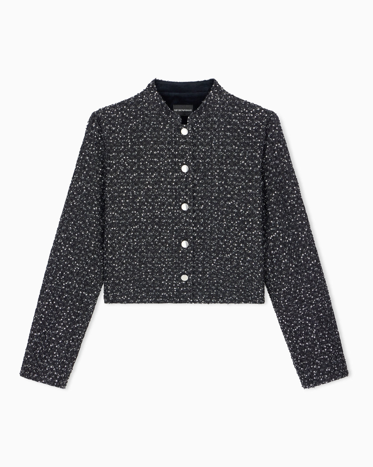 Denim blazer with embroidered paillettes and front buttons