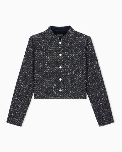 Denim blazer with embroidered paillettes and front buttons
