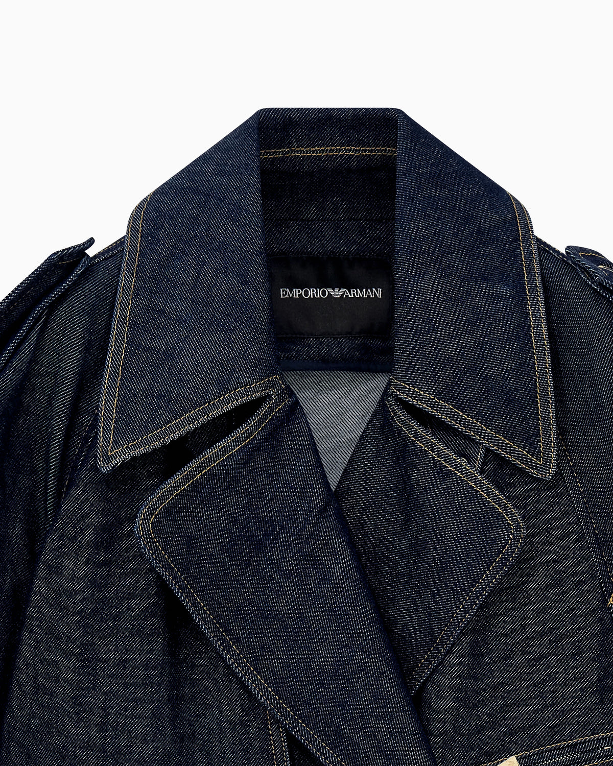 Belted denim jacket with wide lapels and epaulettes