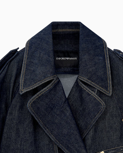 Belted denim jacket with wide lapels and epaulettes