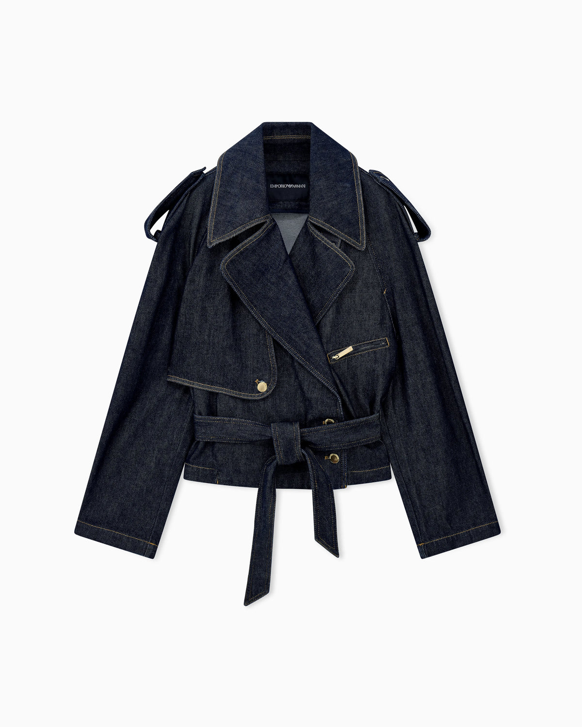 Belted denim jacket with wide lapels and epaulettes