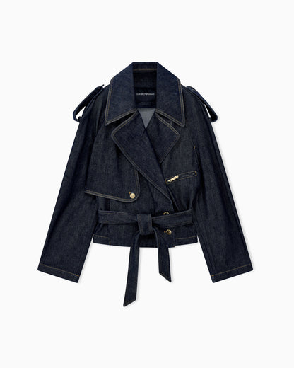 Belted denim jacket with wide lapels and epaulettes