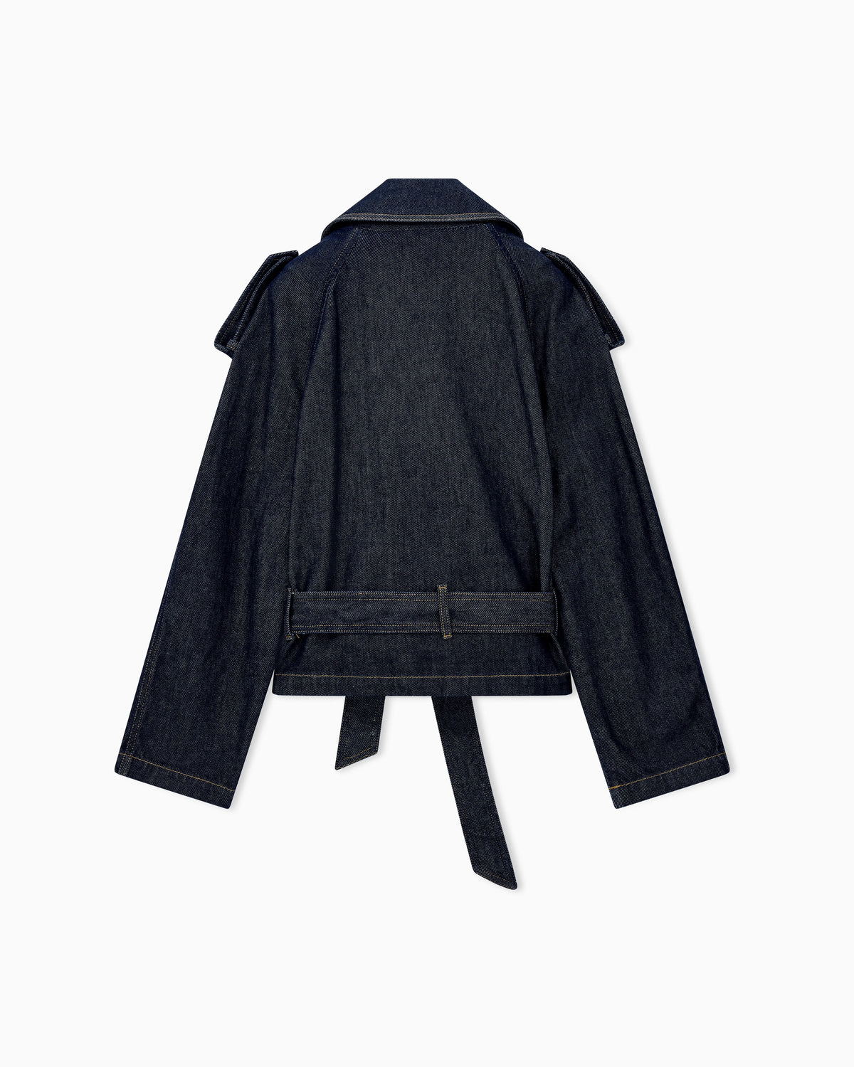 Belted denim jacket with wide lapels and epaulettes