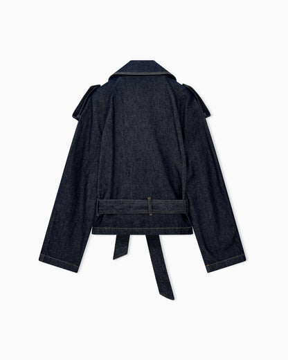 Belted denim jacket with wide lapels and epaulettes