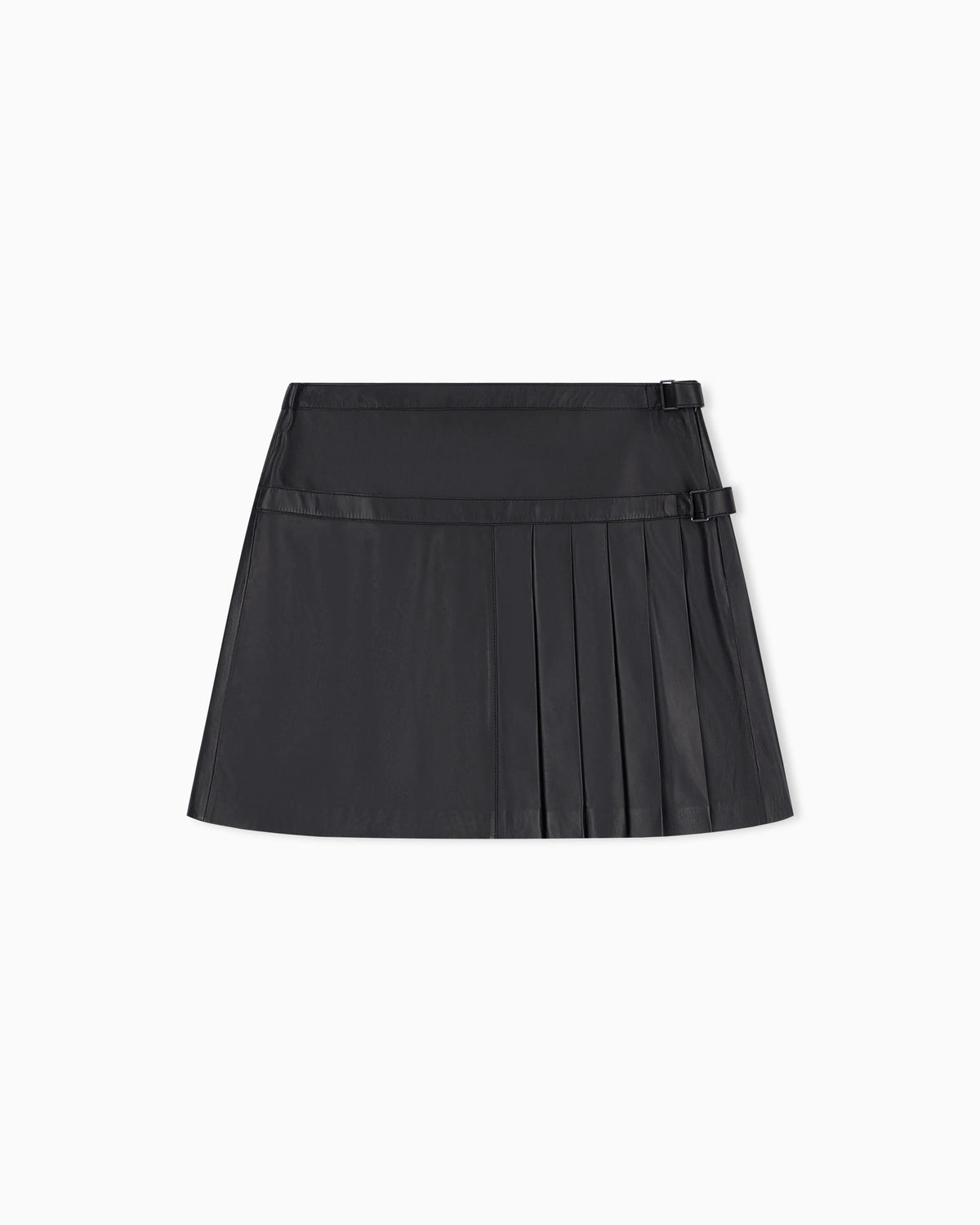 Flared leather miniskirt with front pleats and dual belts