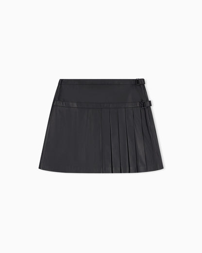 Flared leather miniskirt with front pleats and dual belts