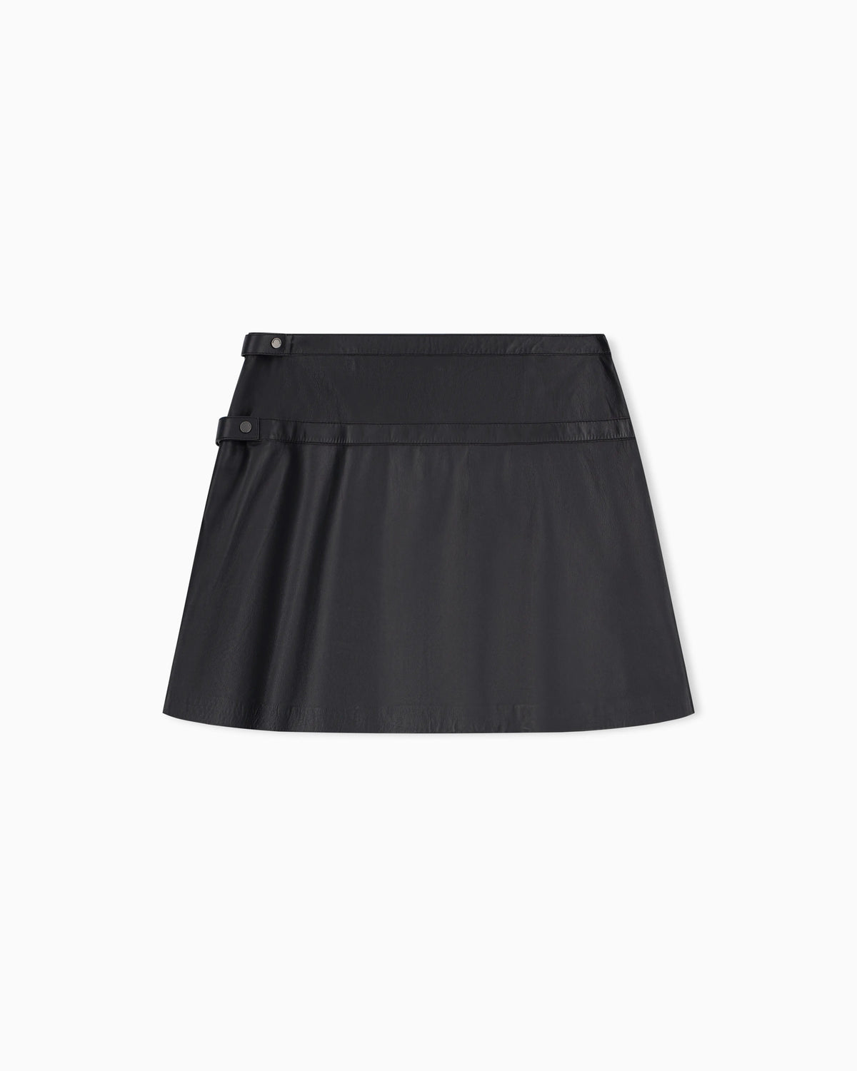 Flared leather miniskirt with front pleats and dual belts