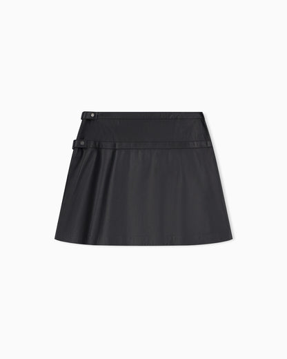 Flared leather miniskirt with front pleats and dual belts