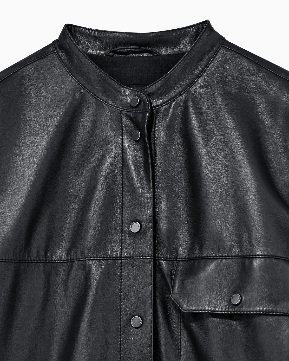 Leather shirt with stand-up collar and snap buttons