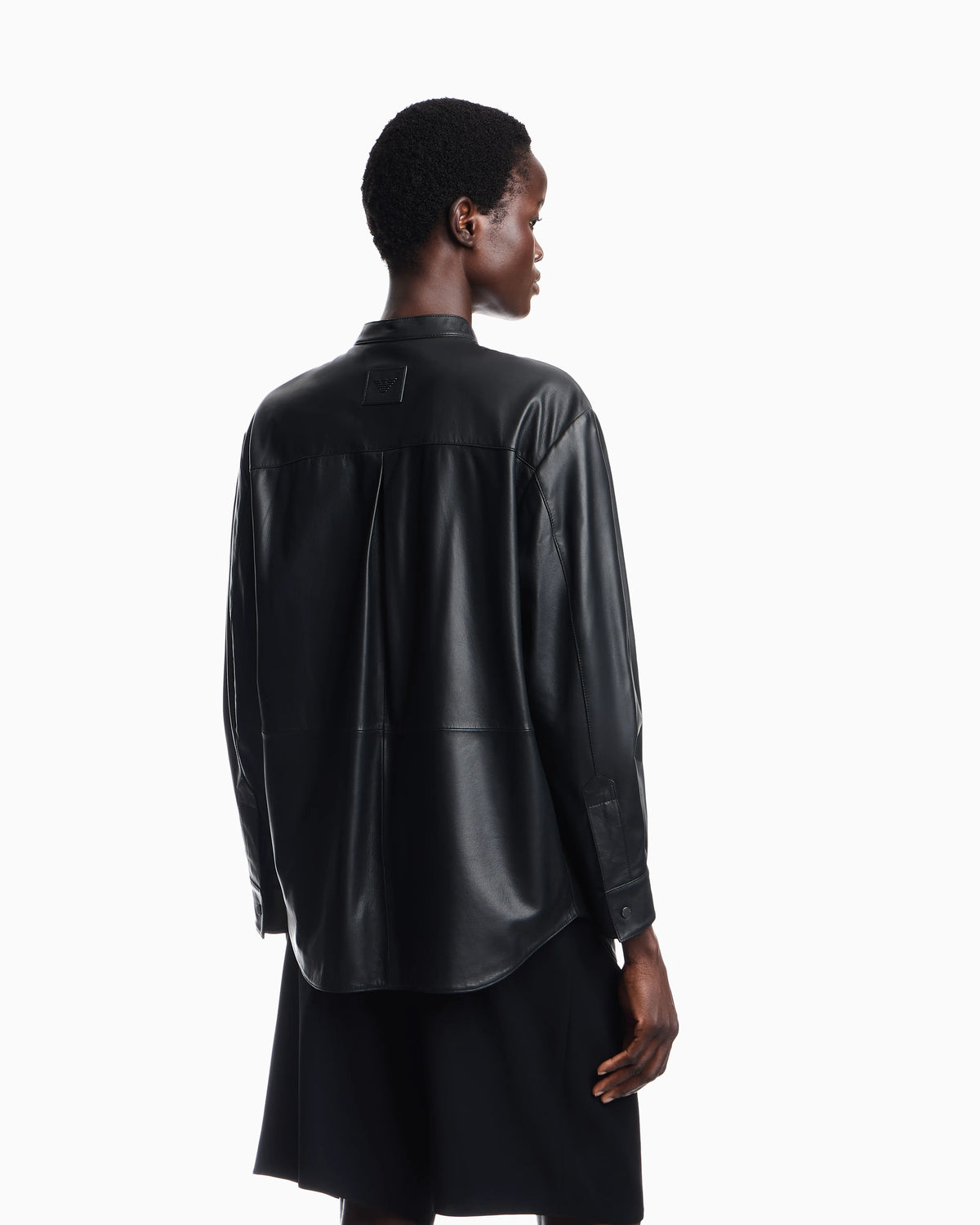 Leather shirt with stand-up collar and snap buttons