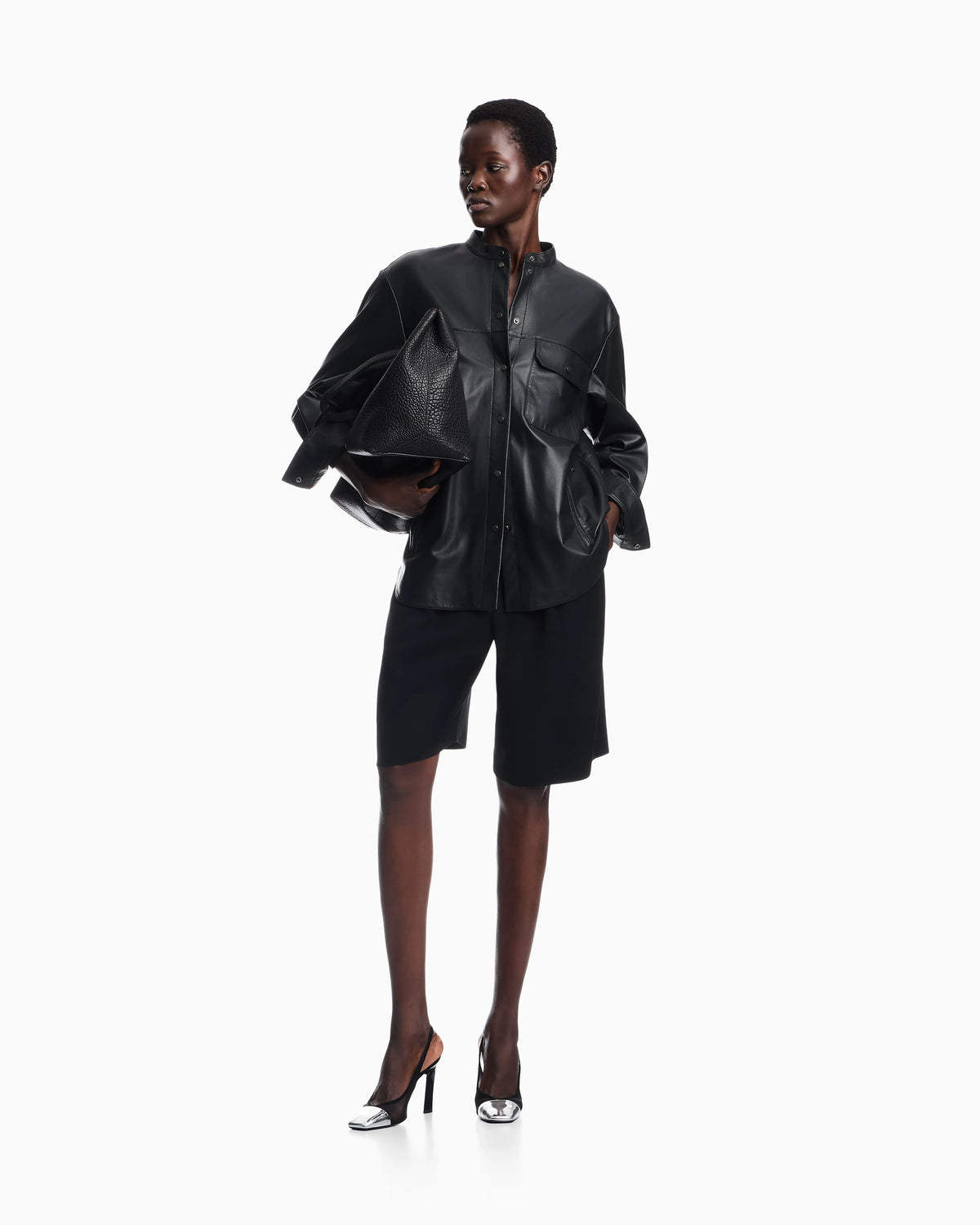 Leather shirt with stand-up collar and snap buttons