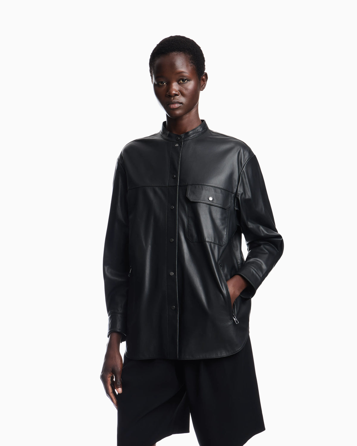 Leather shirt with stand-up collar and snap buttons