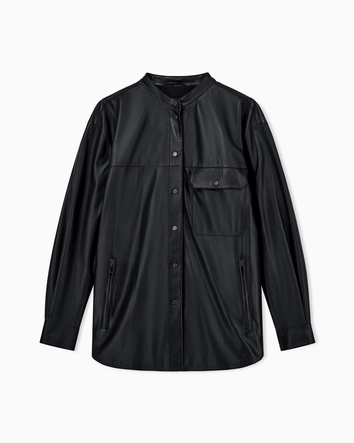 Leather shirt with stand-up collar and snap buttons