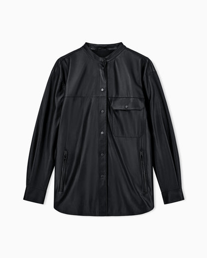 Leather shirt with stand-up collar and snap buttons