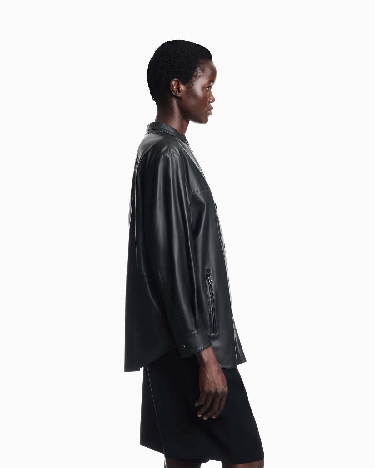 Leather shirt with stand-up collar and snap buttons