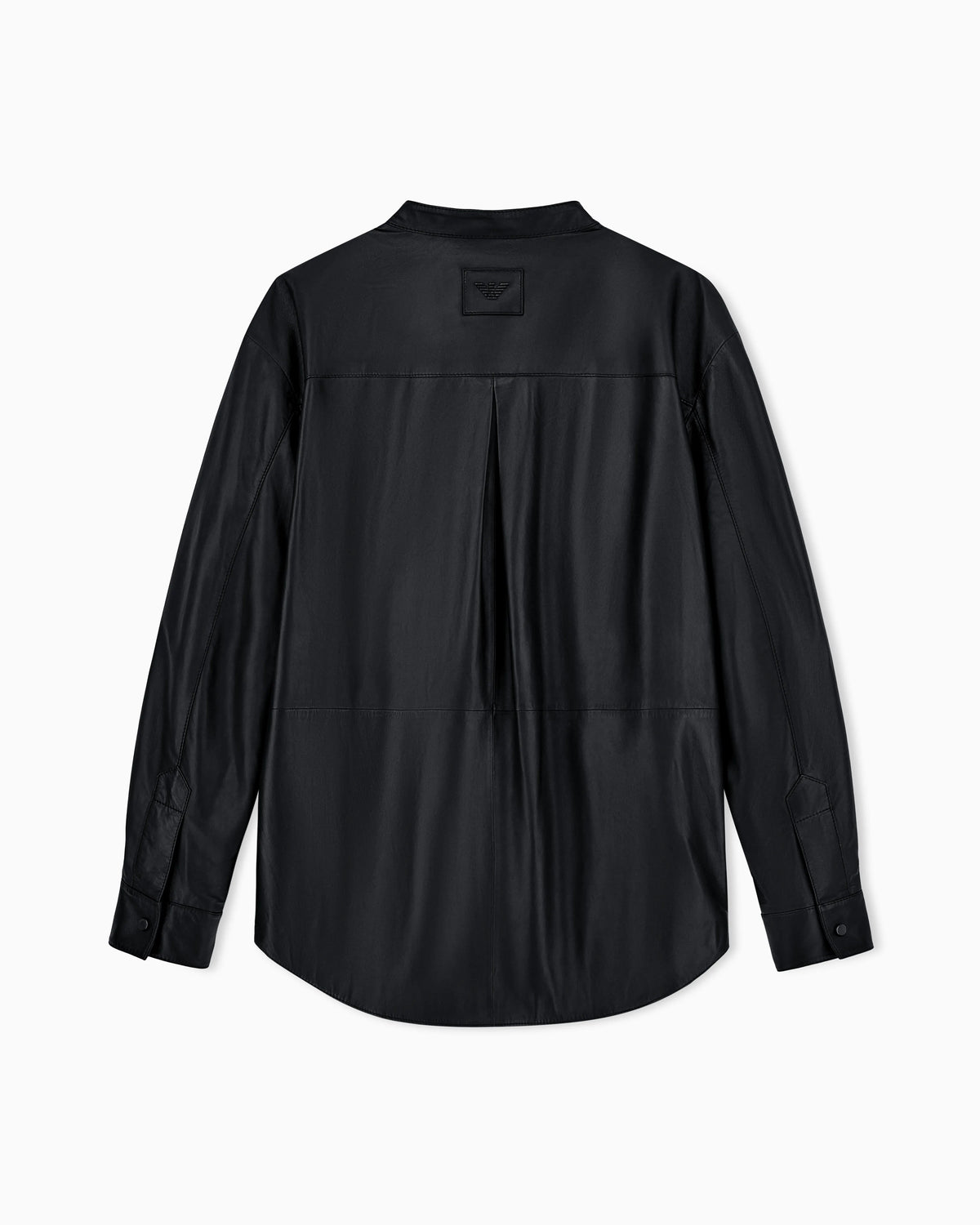 Leather shirt with stand-up collar and snap buttons